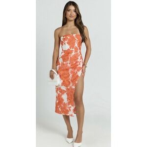 SHOWPO BRAILEY MIDI DRESS STRAPLESS‎ DRESS ORANGE/WHITE JACQUARD SIZE 14